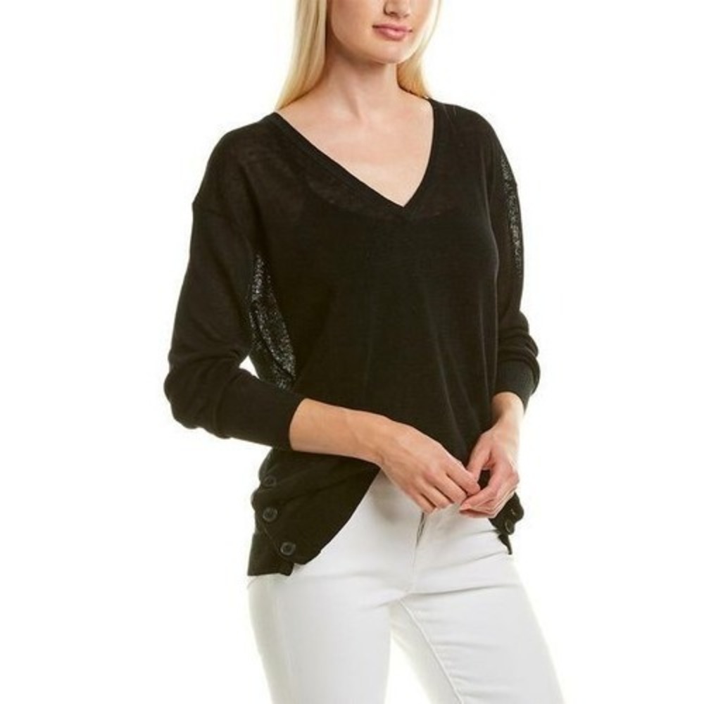 J.CREW Womens Sweater V Neck Top Preppy Y2K Mesh Sheer Sz L Black A008367